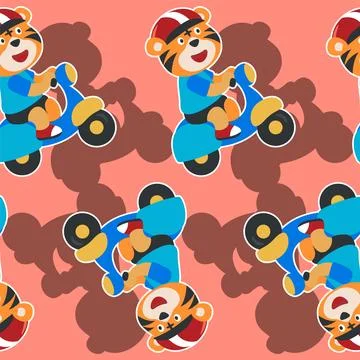 Seamless pattern texture with Cute tiger Riding Scooter Stock Illustration