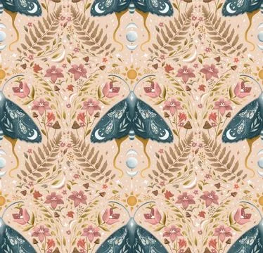 Seamless pattern texture endless Moon Moth illustration fern and flowers Mystic Stock Illustration
