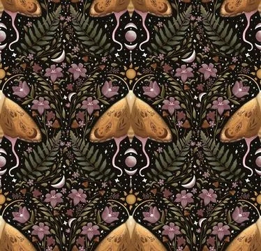 Seamless pattern texture endless Moon Moth illustration fern and flowers Mystic Stockillustratie