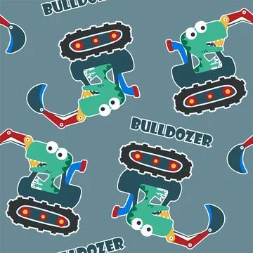 Seamless pattern texture of heavy tool with cute dinosaurs For fabric textile Illustrazione stock