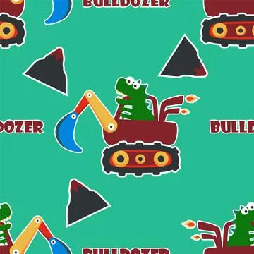 Seamless pattern texture of heavy tool with cute dinosaurs For fabric textile 스톡 일러스트