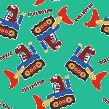 Seamless pattern texture of heavy tool with cute dinosaurs For fabric textile Stock Illustration