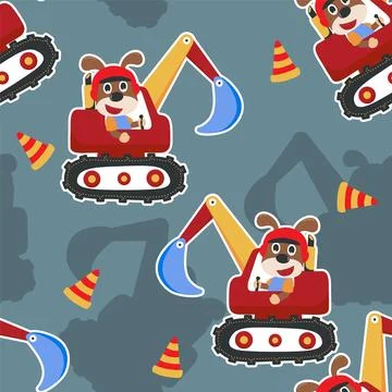 Seamless pattern texture of heavy tool with cute animal For fabric textile, Illustrazione stock