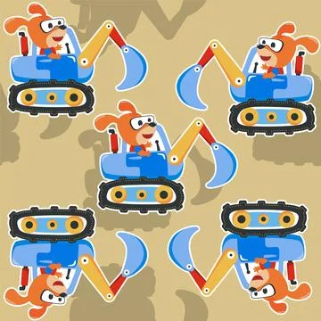 Seamless pattern texture of heavy tool with cute animal For fabric textile, Stock Illustration