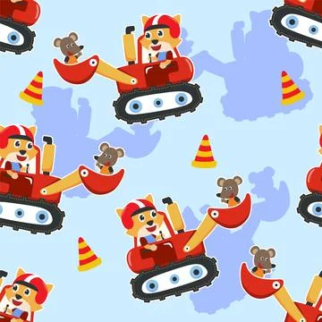 Seamless pattern texture of heavy tool with cute animal For fabric textile, Illustrazione stock