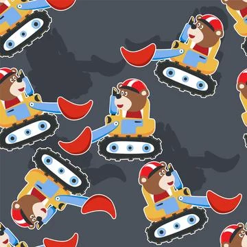 Seamless pattern texture of heavy tool with cute animal For fabric textile, イラスト素材