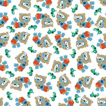 Seamless pattern texture with little bear swim in underwater. Stock Illustration