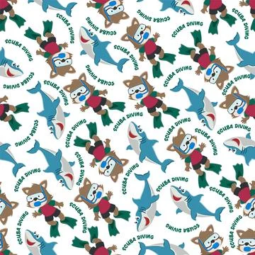 Seamless pattern texture with little bear and shark swim in underwater. Illustrazione stock