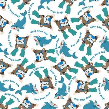 Seamless pattern texture with little bear and shark swim in underwater. イラスト素材