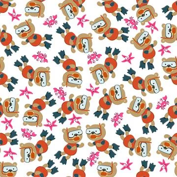 Seamless pattern texture with little bear swim in underwater. Stock Illustration