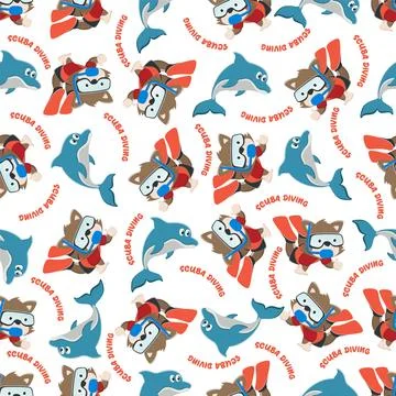 Seamless pattern texture with little bear and dolphine swim in underwater. Stock Illustration