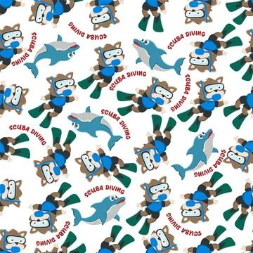 Seamless pattern texture with little fox swim in underwater. Stock Illustration