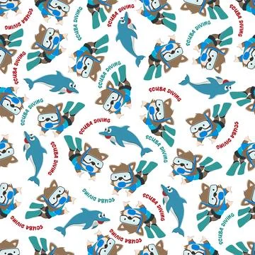 Seamless pattern texture with little fox swim in underwater. イラスト素材