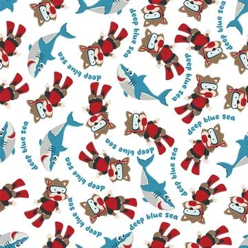 Seamless pattern texture with little fox swim in underwater. イラスト素材