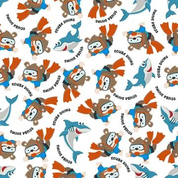 Seamless pattern texture with little fox swim in underwater. Illustrazione stock