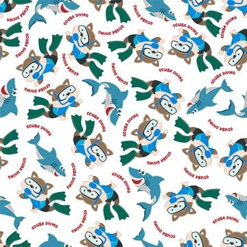 Seamless pattern texture with little fox swim in underwater. Stock Illustration