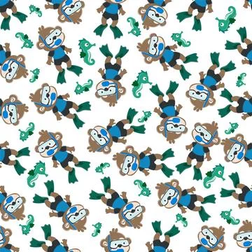 Seamless pattern texture with little fox swim in underwater. Stock Illustration