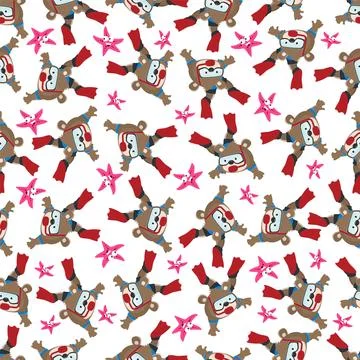 Seamless pattern texture with little fox swim in underwater. Stock Illustration