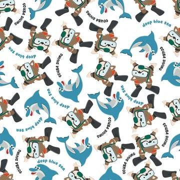 Seamless pattern texture with little fox swim in underwater. Stock Illustration