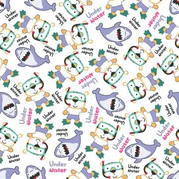 Seamless pattern texture with little lion and shark swim in underwater. Stock Illustration