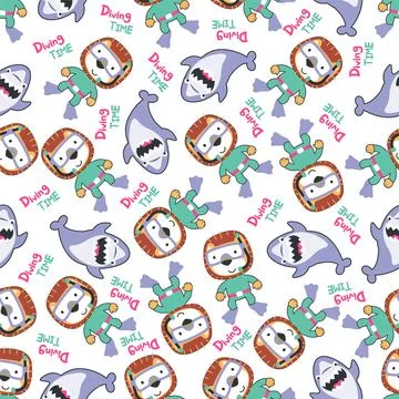 Seamless pattern texture with little lion and shark swim in underwater. Stock Illustration