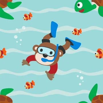 Seamless pattern texture with little monkey and bear are swim in  underwater Stock Illustration