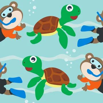 Seamless pattern texture with little monkey and bear are swim in  underwater Stock Illustration