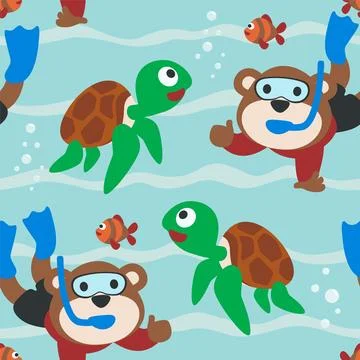 Seamless pattern texture with little monkey and bear are swim in  underwater Stock Illustration