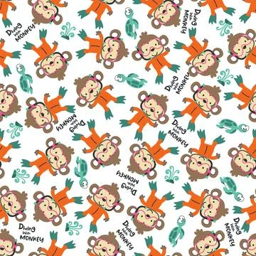 Seamless pattern texture with little monkey and shark swim in underwater. Stock Illustration
