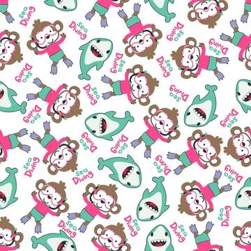 Seamless pattern texture with little monkey and shark swim in underwater. Illustrazione stock