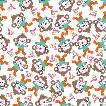 Seamless pattern texture with little monkey swim in underwater. 스톡 일러스트