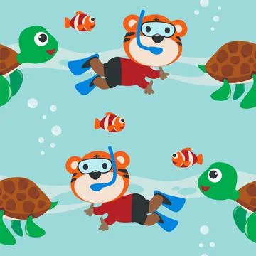 Seamless pattern texture with little tiger and bear are swim in  underwater Stock Illustration