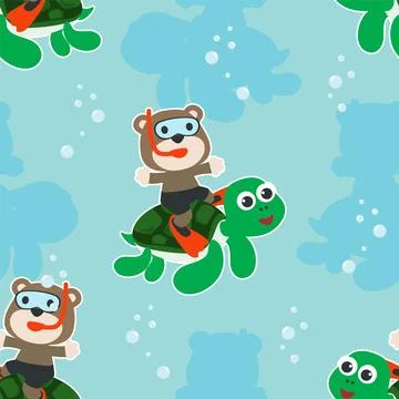 Seamless pattern texture with little turtle and bear Stockillustratie