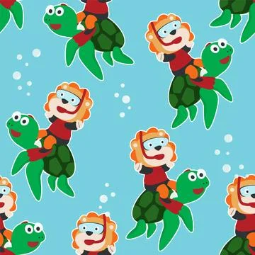 Seamless pattern texture with little turtle and lion Stock Illustration