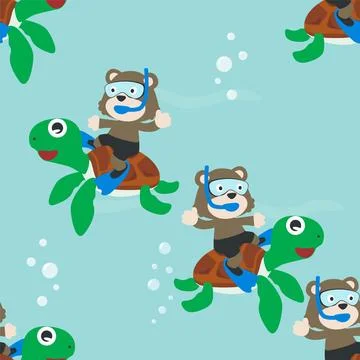 Seamless pattern texture with little turtle and bear Stock Illustration