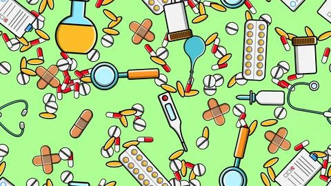 Seamless pattern texture of medicine items icons pricks pills pipettes stetho Stock Illustration