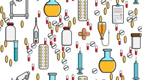 Seamless pattern texture of medicine items icons pricks pills pipettes stetho Stock Illustration