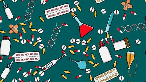 Seamless pattern texture of medicine items icons pricks pills pipettes stetho 스톡 일러스트