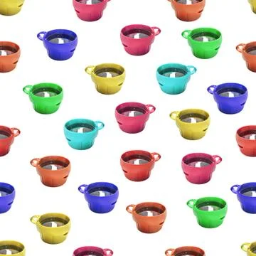 Seamless pattern texture of Red blue yellow green orange plastic mugs with bl 스톡 사진