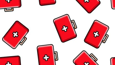 Seamless pattern texture of red medical pharmaceptic first aid kits with medi Stock Illustration