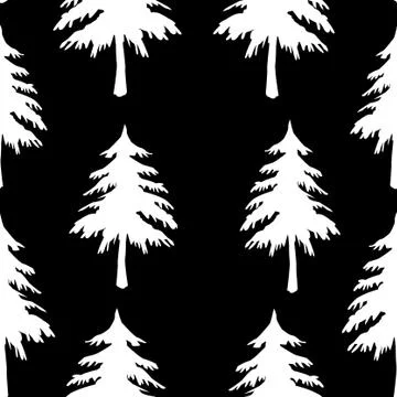 A seamless pattern texture of white carved Christmas fir trees on a black bac Stock Illustration