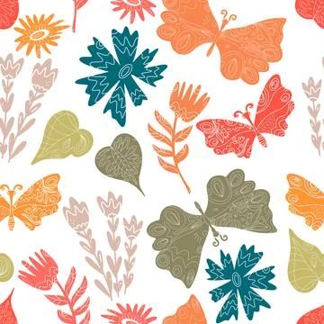 Seamless pattern with textured animals and plants. Spring ornament, Easter sp 스톡 일러스트