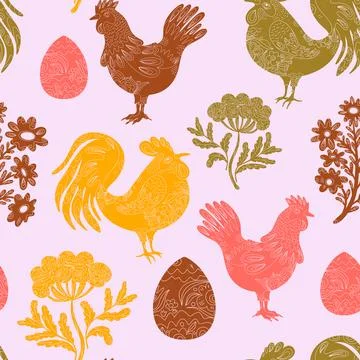 Seamless pattern with textured animals and plants. Spring ornament, Easter sp 스톡 일러스트