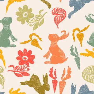 Seamless pattern with textured animals and plants. Spring ornament, Easter sp Stockillustratie