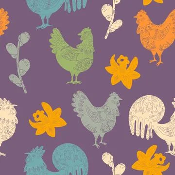 Seamless pattern with textured animals and plants. Spring ornament, Easter sp Stockillustratie