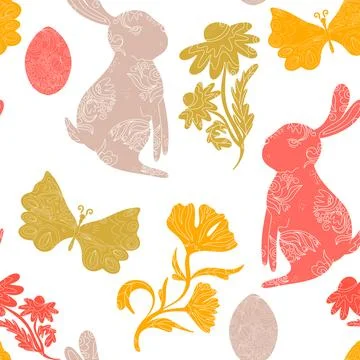 Seamless pattern with textured animals and plants. Spring ornament, Easter sp イラスト素材