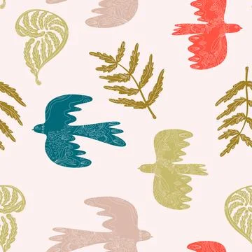 Seamless pattern with textured animals and plants. Spring ornament, Easter sp Stockillustratie