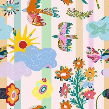 Seamless pattern with textured animals and plants. Spring ornament, Easter sp イラスト素材