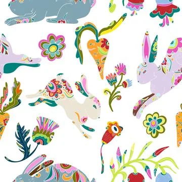 Seamless pattern with textured animals and plants. Spring ornament, Easter sp Stockillustratie