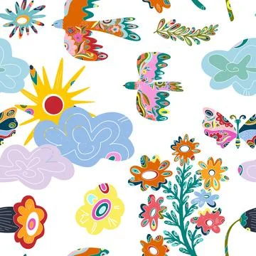 Seamless pattern with textured animals and plants. Spring ornament, Easter sp Stockillustratie